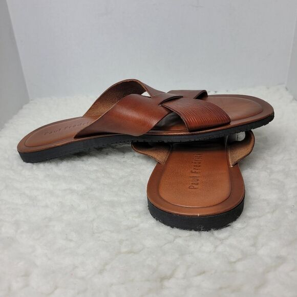 Paul Frederick Men's  Slide Sandal Size 12  Brown Leatger Crisscross Open Toe - Picture 5 of 10